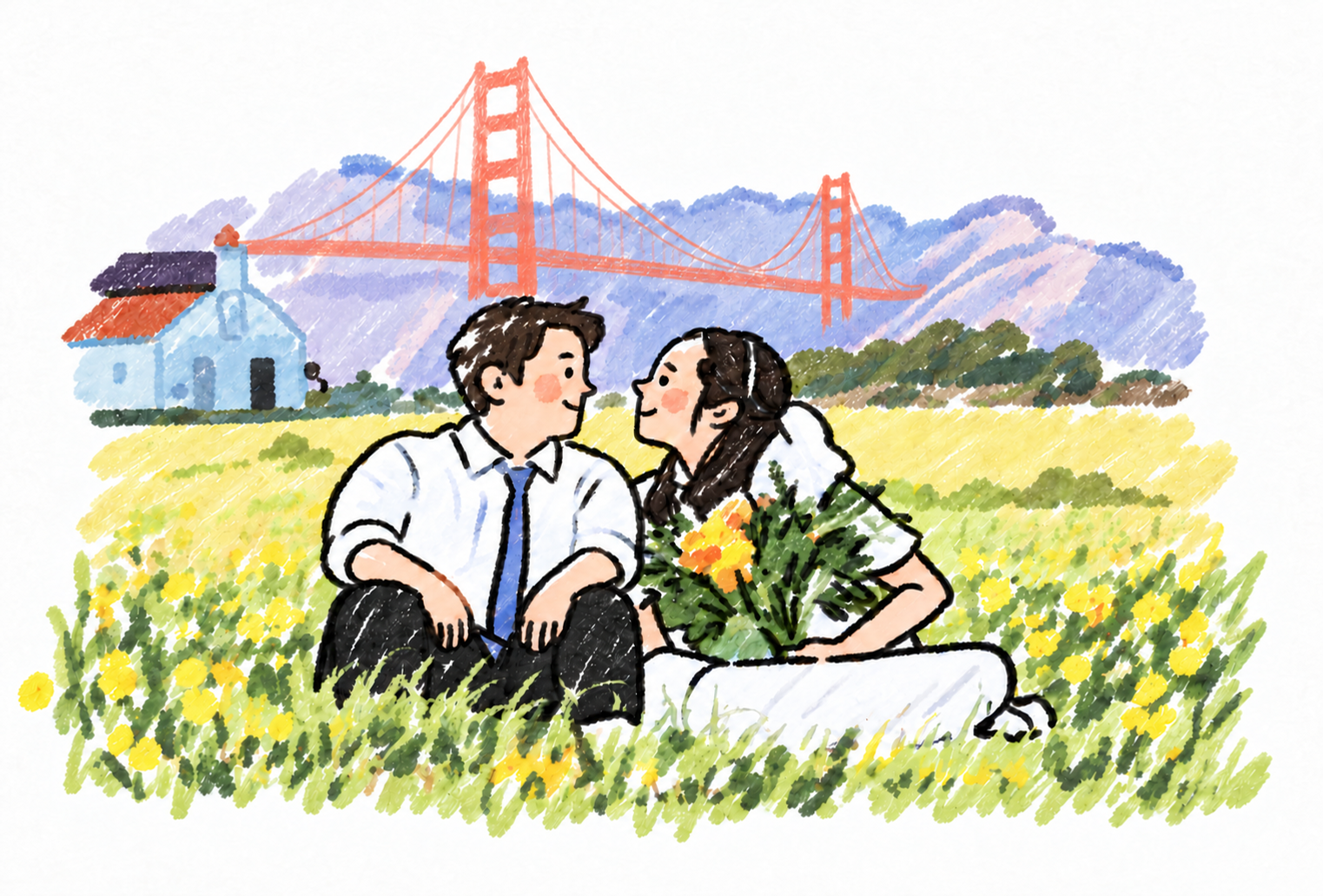 Nam-Hee and Hiroo sitting together in a field of yellow flowers, with the Golden Gate Bridge in the distance.