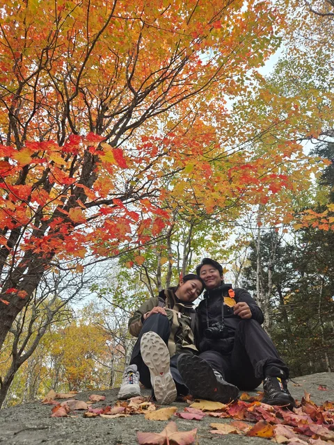 Nam-Hee and Hiroo sitting beneath autumn leaves.